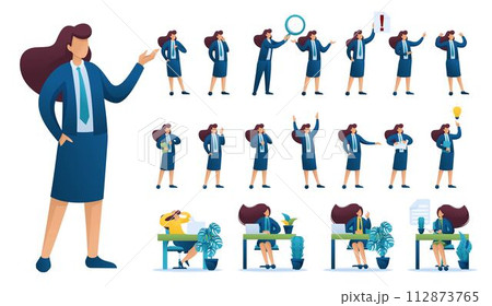 Set of Businesswoman. Presentation in various in various poses and actions. 2D Flat character vector illustration N1 112873765