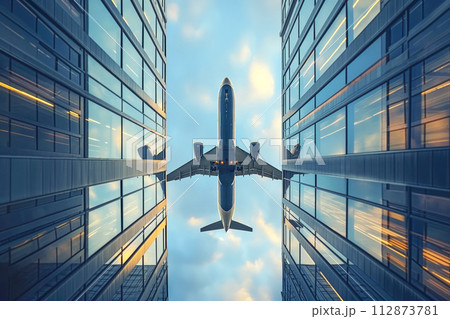 AI-generated content. Flying over glass reflection skyscraper is a jumbo jet cargo passenger plane AI Generative 112873781