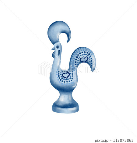 A rooster as animal symbol of Portuguese culture.Watercolor illustration. Symbol of Portugal.Element of azulejo tiles in blue monochrome. For stickers, stationery, textiles. 112873863