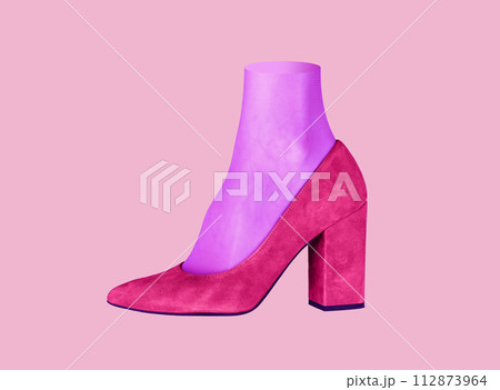 Pink shoe, heeled foot wear. Female footwear with purple tights, sock. Funny photo 112873964