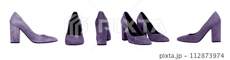 Heeled shoes set. Women suede footwear isolated on white background 112873974