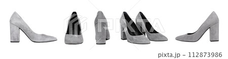 Female shoes set. Heeled suede footwear isolated on white background 112873986