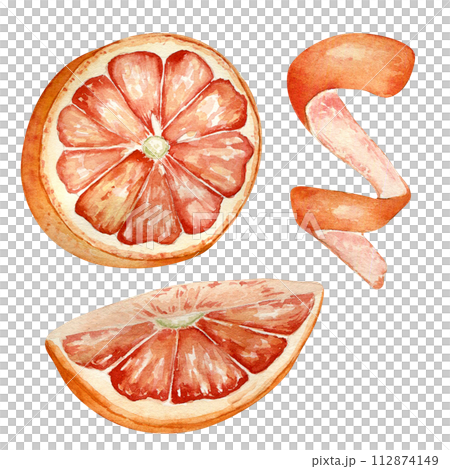Pink ripe grapefruit watercolor illustration isolated on white. Set of slice and half grapefruit hand drawn. Orange citrus fruit botanical style drawing. Grapefruit peel. Design element for packaging Pink ripe grapefruit watercolor illustration isolated on white. Set of slice and half grapefruit hand drawn. Orange citrus fruit botanical style drawing. Grapefruit peel. Design element for packaging 112874149
