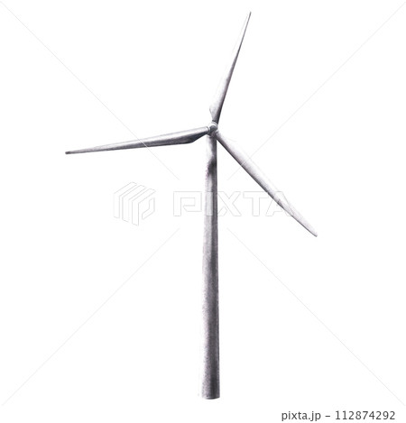 Watercolor eco wind turbine, windmills. Hand drawn illustration. For ecology theme, alternative renewable energy, environmental protection for print, sticker logo Isolated clipart on white background 112874292