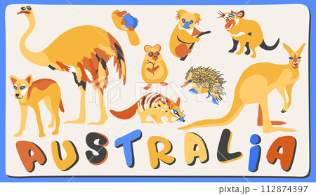 Vector set of cute australian animals with lettering Vector set of cute australian animals with lettering 112874397