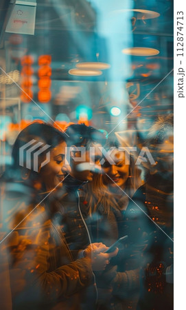 A group of young people look at a smartphone and smile against the backdrop of bright city lights, social media concept 112874713