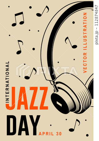 Jazz Day. Poster background template for music festival. Classical black retro headphones event flyer design. April 30. International Jazz Day Celebration. Vector illustration. 112874847