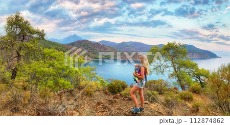 Mother and child travel the Lycian trail, Turkey 112874862