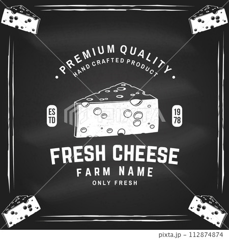Fresh cheese badge design on the chalkboard. Template for logo, branding design with triangle block cheese. Vector illustration. 112874874
