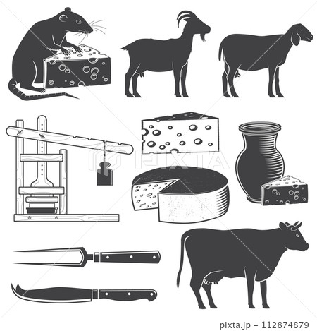 Set of cheese family farm icon silhouettes. For logo, branding design with block cheese, sheep lacaune, fork, knife for cheese, cow, goat, cheese press. Vector illustration. 112874879