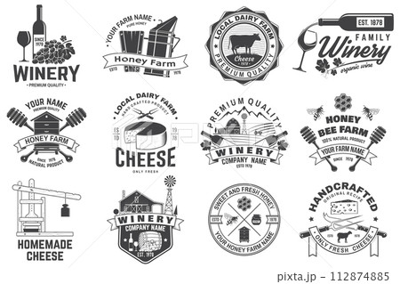Set of wine company, cheese family, honey bee farm badge design. Template for logo, branding design with block cheese, glass of wine, bottle, milk farm. Vector illustration. Hand crafted product 112874885