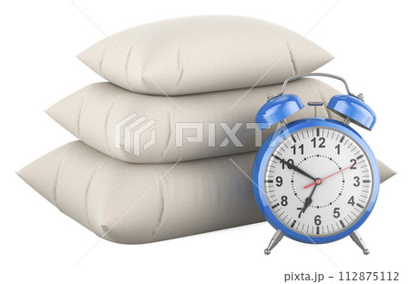 Heap of pillows with alarm clock, 3D rendering Heap of pillows with alarm clock, 3D rendering 112875112
