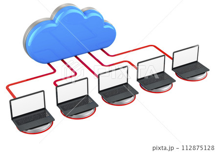Computer cloud with notebook computers. Internet connection concept. 3D rendering 112875128