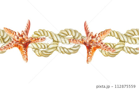Nautical rope and starfish, seamless border on white background. Hand drawn watercolor illustration Cards, banners, travel and summer vacation design. Nautical rope and starfish, seamless border on white background. Hand drawn watercolor illustration Cards, banners, travel and summer vacation design. 112875559