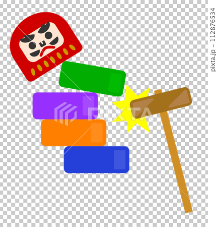 木槌で叩いてダルマを落とす玩具で失敗して倒れるイラスト 112876534