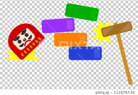 木槌で叩いてダルマを落とす玩具で失敗して倒れるイラスト 112876538