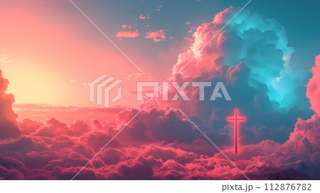 AI-generated content. Hilltop cross silhouette against dramatic pink and blue sunset clouds. 112876782