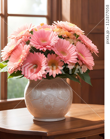 窓辺の花瓶にガーベラ 112877058