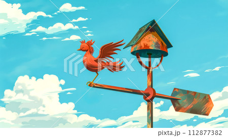 AI-generated content. Rustic weathervane with rooster silhouette against blue sky 112877382