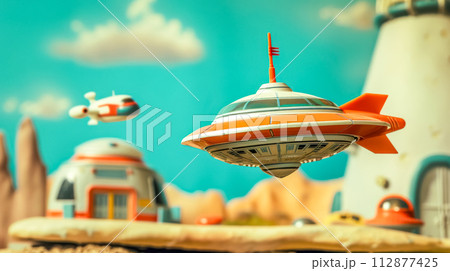 AI-generated content. Futuristic flying car concept in desert landscape 112877425