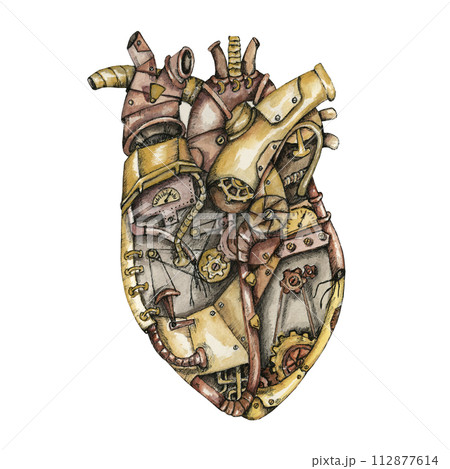 Steampunk mechanical heart watercolor and liner Steampunk mechanical heart watercolor and liner 112877614