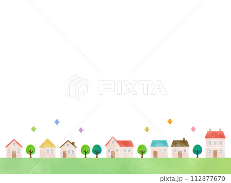 かわいい家と街並みの背景イラスト_フレーム_水彩 かわいい家と街並みの背景イラスト_フレーム_水彩 112877670