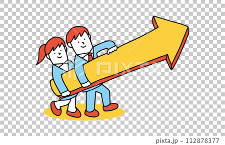 國中生和高中生拿著大箭頭的插圖。走向未來、成長、未來和夢想的概念。 國中生和高中生拿著大箭頭的插圖。走向未來、成長、未來和夢想的概念。 112878377