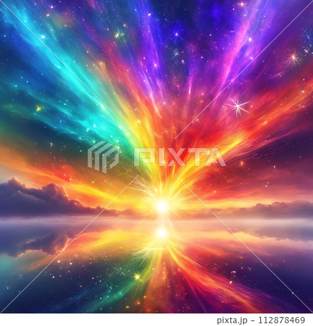 A beautiful space scene with a large explosion of multicolored light 112878469