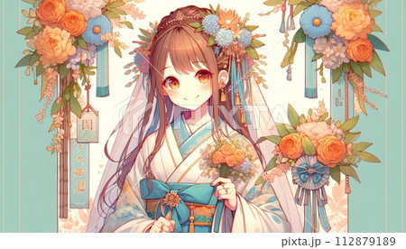 花と和服の女の子 112879189