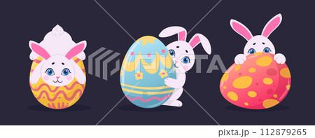 Easter bunnies with colored eggs. Cartoon Easter rabbits and cute chocolate eggs flat vector illustration set. Easter traditional holidays bunny mascots 112879265
