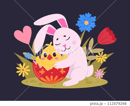 Easter bunny with cute chicken. Little rabbit and hatching chick flat vector illustration. Easter traditional holidays mascots 112879266