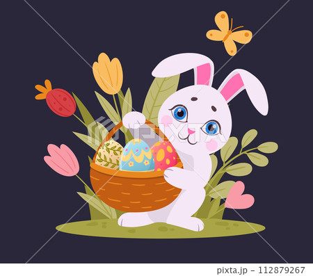 Easter bunny. Cute rabbit carrying basket full of painted chicken eggs, little Easter bunny on green lawn flat vector illustration. Spring egg hunt game symbols 112879267