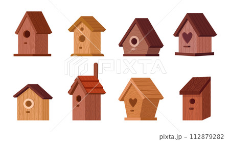 Wooden bird houses. Cartoon cute birds nests on trees, handmade bird house with feeders flat vector illustration set. Nesting boxes for birds 112879282