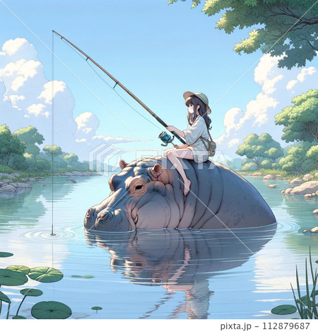 かばに乗ってのんびり釣りをする女性 かばに乗ってのんびり釣りをする女性 112879687