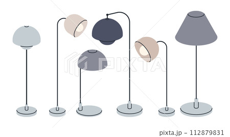 Electric floor lamps. Hand drawn modern floor lamps, torchiere light decor, cozy home electrical equipment flat vector illustration set. Floor lamps on white Electric floor lamps. Hand drawn modern floor lamps, torchiere light decor, cozy home electrical equipment flat vector illustration set. Floor lamps on white 112879831