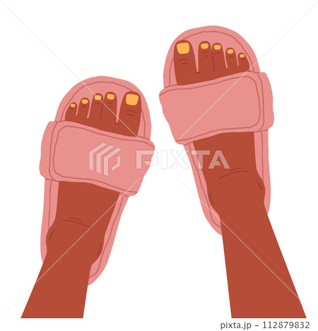 Feet in domestic slippers. Female feet with pedicure wearing home footwear, women feet in fluffy, cozy faux fur shoes flat vector illustration. Cute house shoes on feet Feet in domestic slippers. Female feet with pedicure wearing home footwear, women feet in fluffy, cozy faux fur shoes flat vector illustration. Cute house shoes on feet 112879832