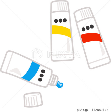 赤、青、黄の絵具のチューブ 112880177