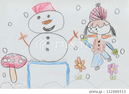 子供が描いた雪だるまの絵 子供が描いた雪だるまの絵 112880313