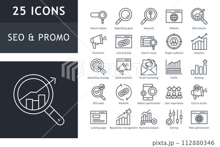 SEO and promotion line icons collection. Promotion, target audience, marketing strategy, advertisement, user experience. Thin outline icons set. Vector illustration. 112880346