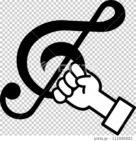 Illustration of a hand holding a treble clef 112880885