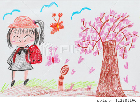 子供が描いた小学校の入学式の絵 112881166