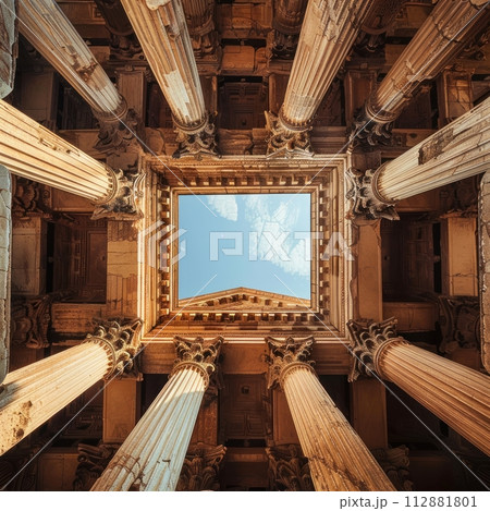 Evoke the awe and wonder of ancient innovations from a captivating lowangle view Illustrate the profound impact on society 112881801