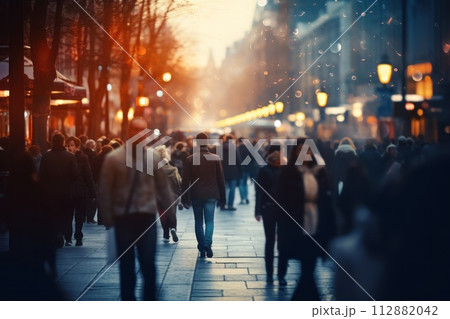 Crowd on street in bright lens flare Abstract blur Crowd on street in bright lens flare Abstract blur 112882042