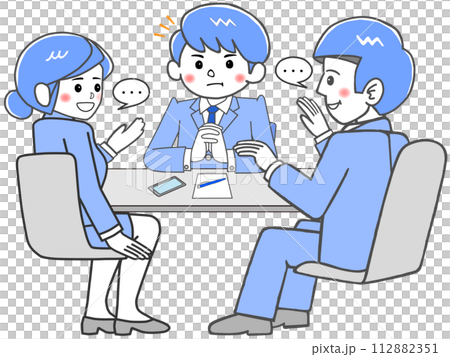 Business meeting_male office worker listening to two people talk Business meeting_male office worker listening to two people talk 112882351