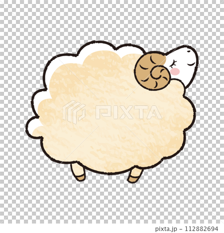 色鉛筆タッチのシンプルでかわいい目を閉じたモコモコの羊（横向き） 112882694