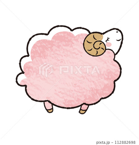 色鉛筆タッチのシンプルでかわいい目を閉じたモコモコの羊（横向き） 112882698