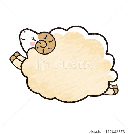 色鉛筆タッチのシンプルでかわいい目を閉じたモコモコの羊（横向き） 112882878