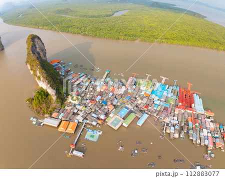 Aerial view of Panyee island in Phang Nga Thailand,High angle view Floating village, Koh Panyee fishing village island in Phang Nga, Thailand 112883077