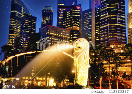 シンガポールのマーライオンの噴水・夜景 シンガポールのマーライオンの噴水・夜景 112883357