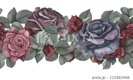 Seamless garland gothic rose, leaves magical texture isolated on white background. Watercolor hand drawn botanical sketch illustration. Art for design mystical halloween witch decoration, scary card Seamless garland gothic rose, leaves magical texture isolated on white background. Watercolor hand drawn botanical sketch illustration. Art for design mystical halloween witch decoration, scary card 112883406